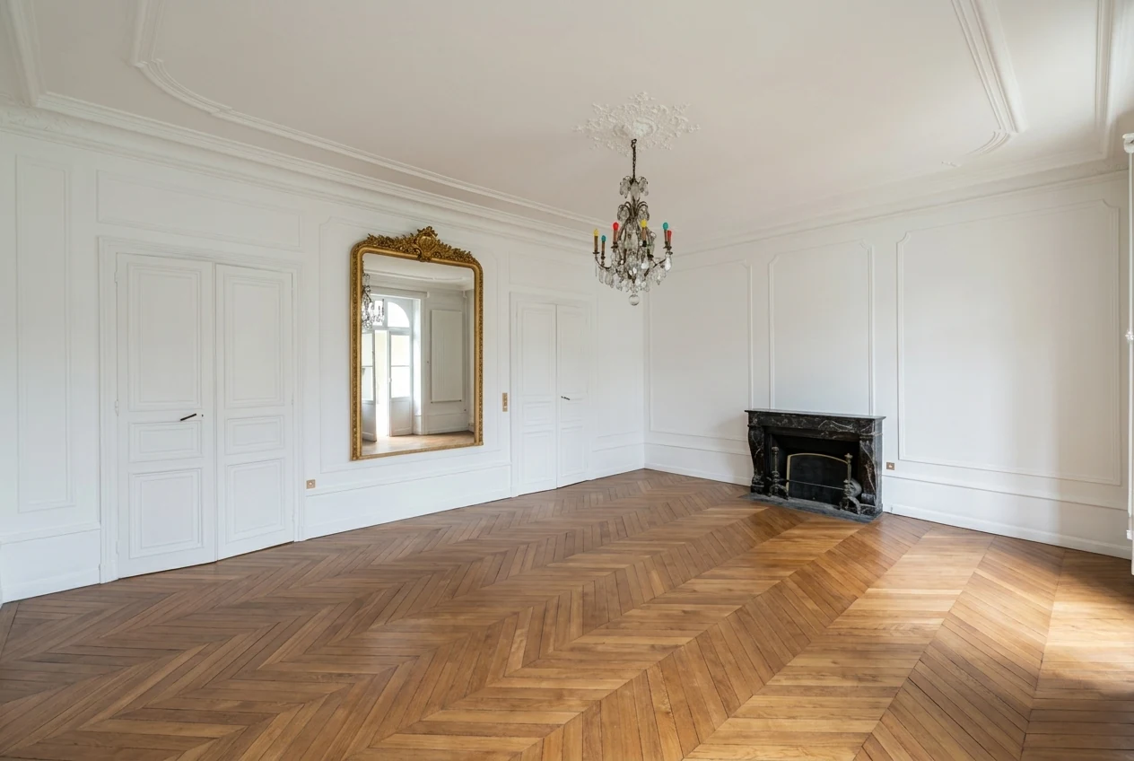 Grand salon à moulures après travaux
